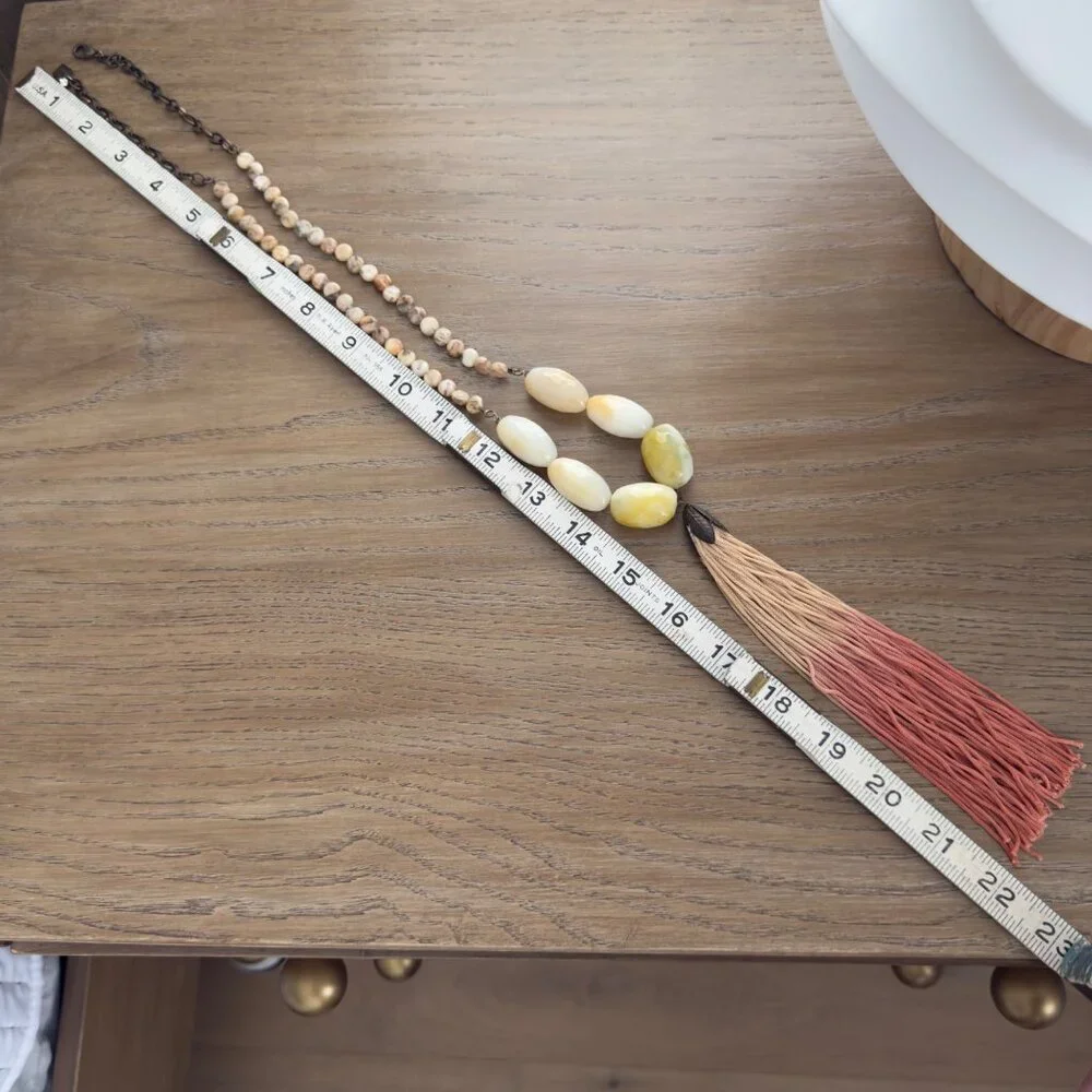 John Wind Beaded Necklace With Ombre Tassel Yellow Cream Stone Beads